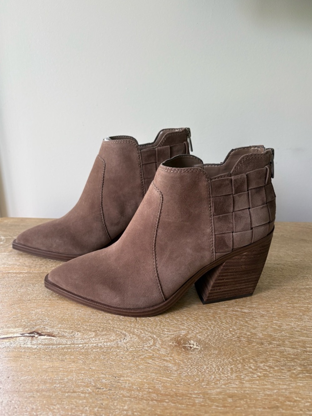 New in Box Vince Camuto Taupe Suede Leather Woven Back Ankle Booties